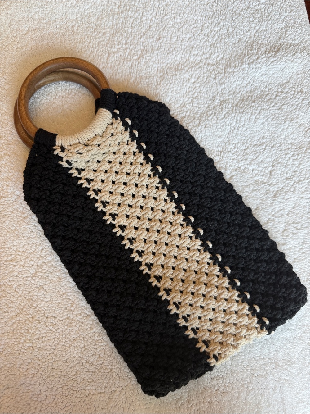Handwoven Black and Cream Tote with Wooden Ring Handles